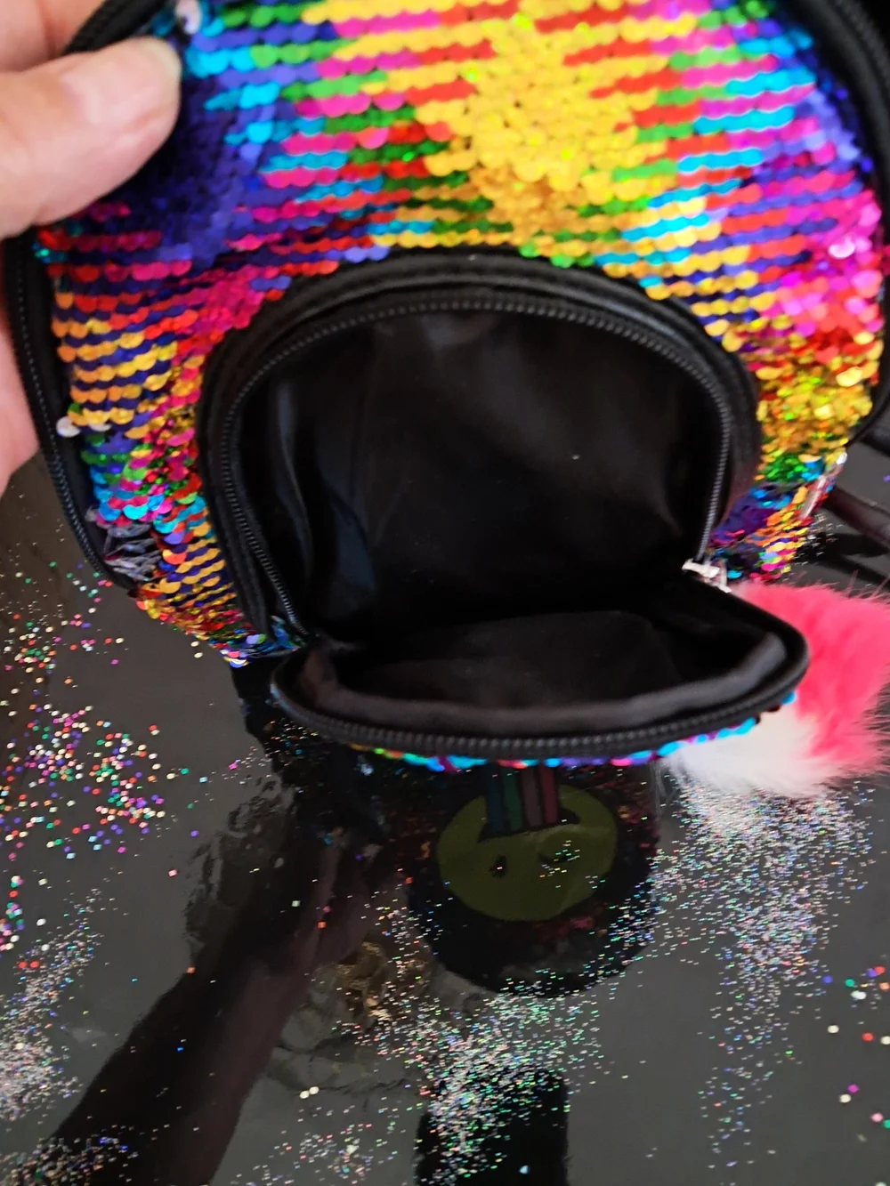 Sequin Rainbow Emoji Kids Mini Backpack with Pom Pom